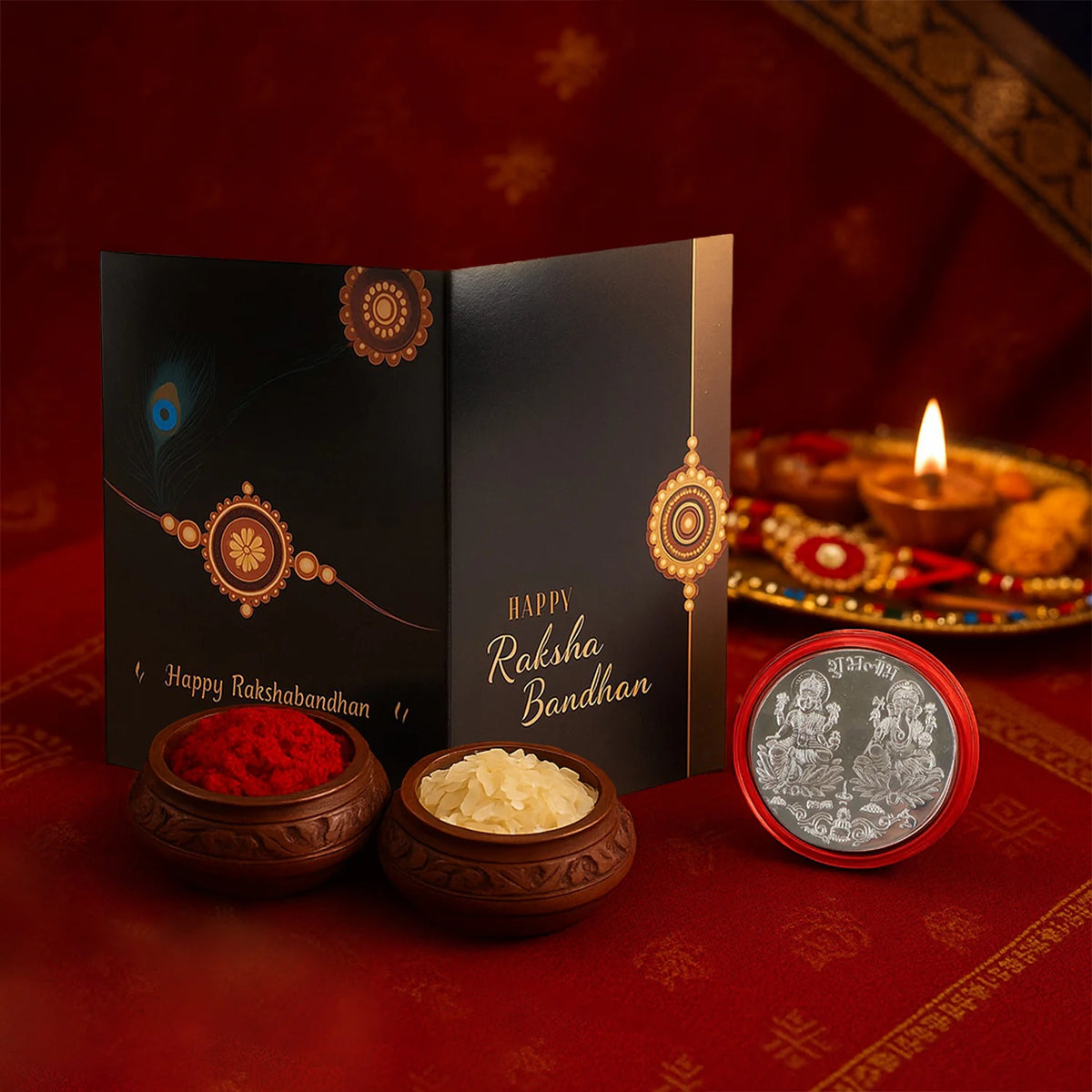 Choco Coated Almonds 2 Random Rakhi Gift Combo With Greeting Card Coin Roli Chawal