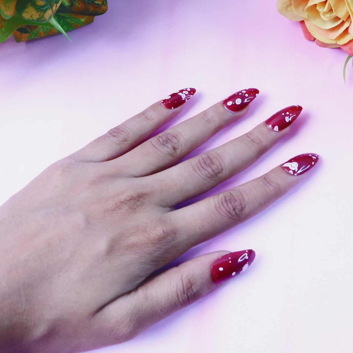 Premium Burgundy Artificial Nai - (Mix Design  1 Set)