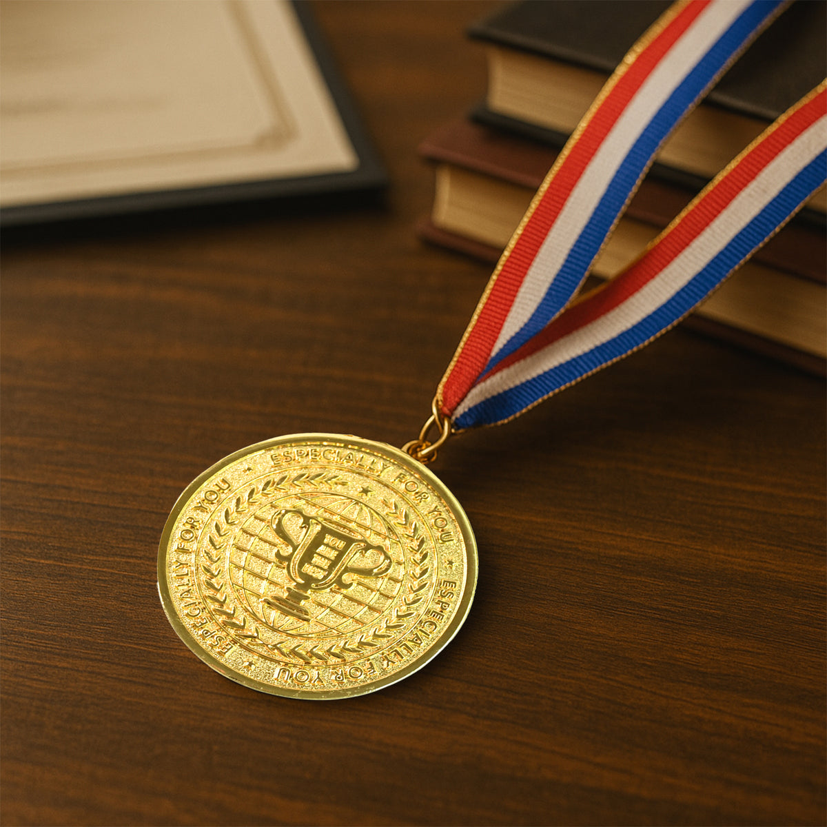 Gold Metal Medal With Tricolor Ribbon (1 Pc)