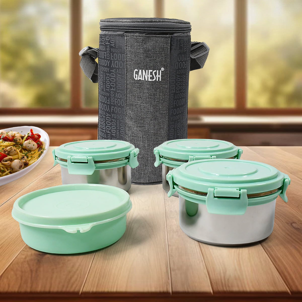 8717 4in1tiffin Box-lunch Box  3 Stainless Steel Containers 300 Ml Approx  Plastic Salad Container 200 Ml Approx Plastic Lid Box  Round Zip Bag  Leak Proof  Microwave Safefor Office College And School For Men Women