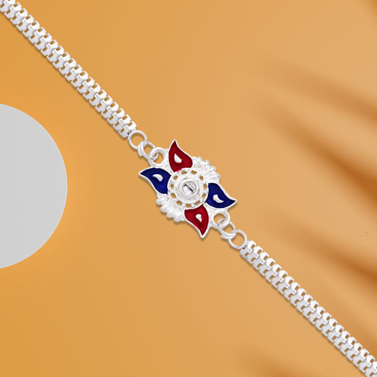 Stylish Sun Design Rakhi With Red-blue Enamel And Silver-tone Metal Chain