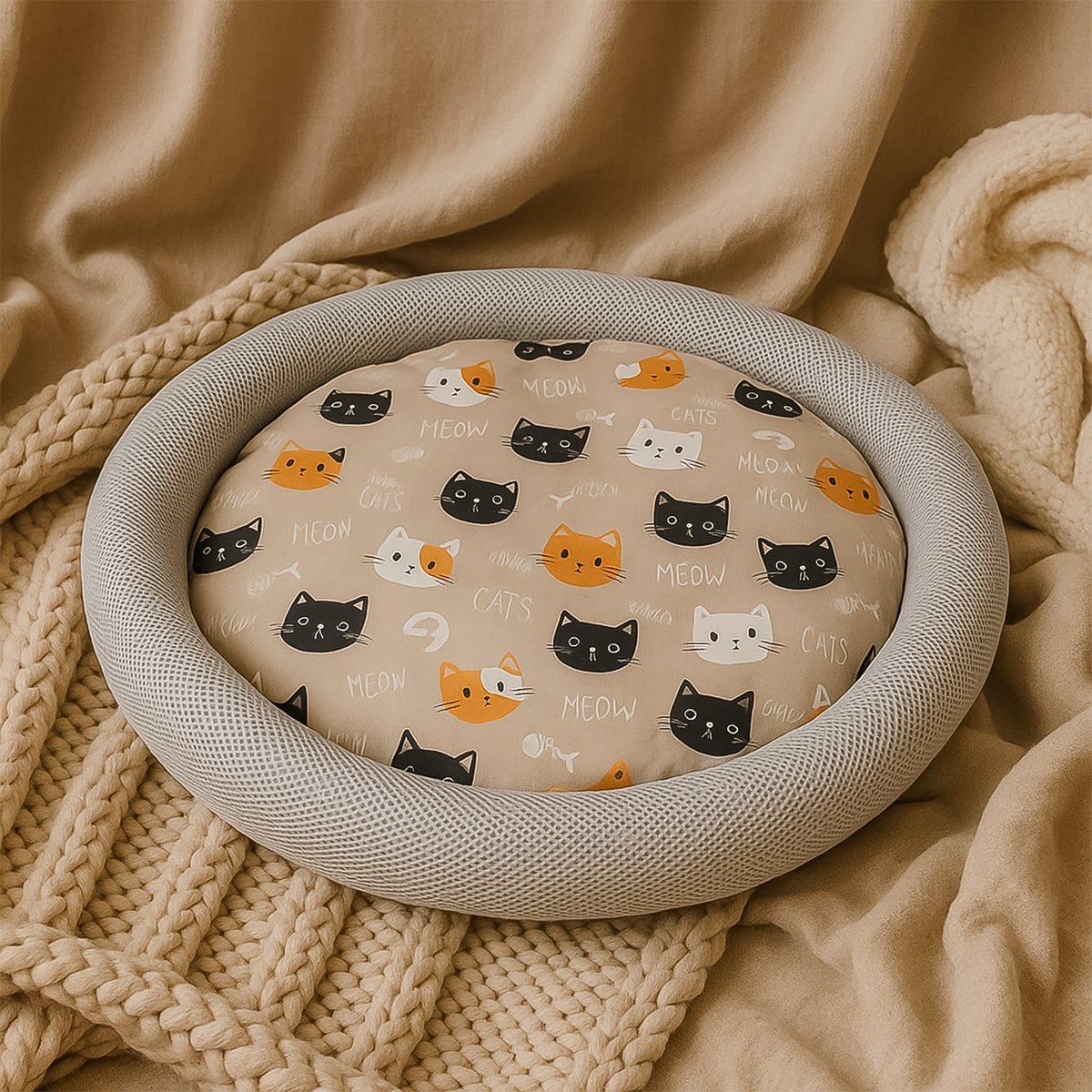 Round Soft Plush Cat Bed With Cartoon Cat Print Cushion  1 Pc