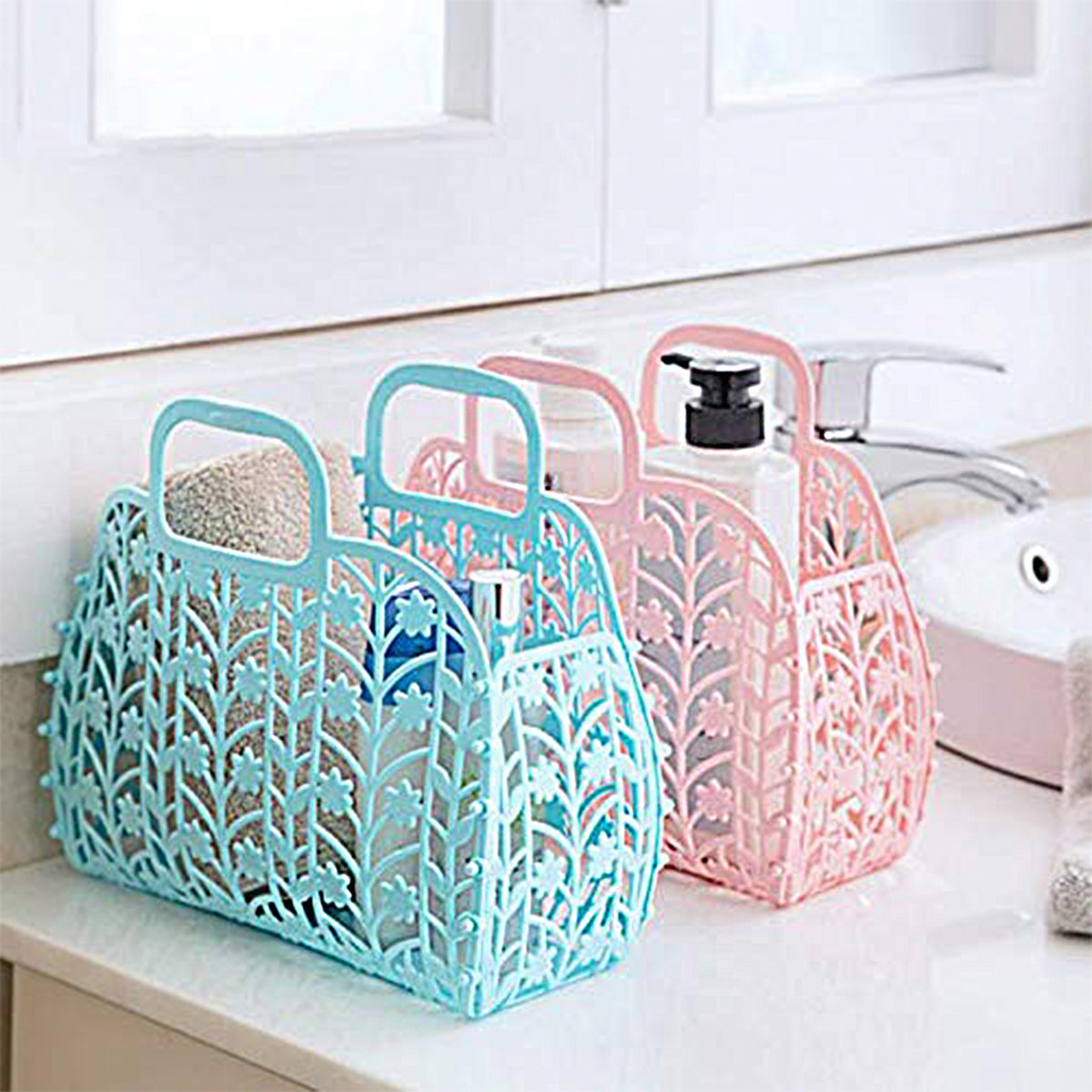 Plastic Foldable Basket Bag  Fruit  Vegetable Storage Basket (3 Pcs Set  Multicolor)