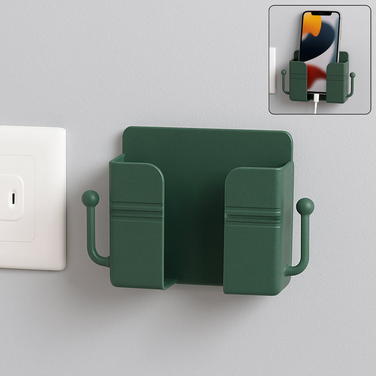 Wall-mounted Mobile Charging Holder With Dual Hooks (1 Pc)