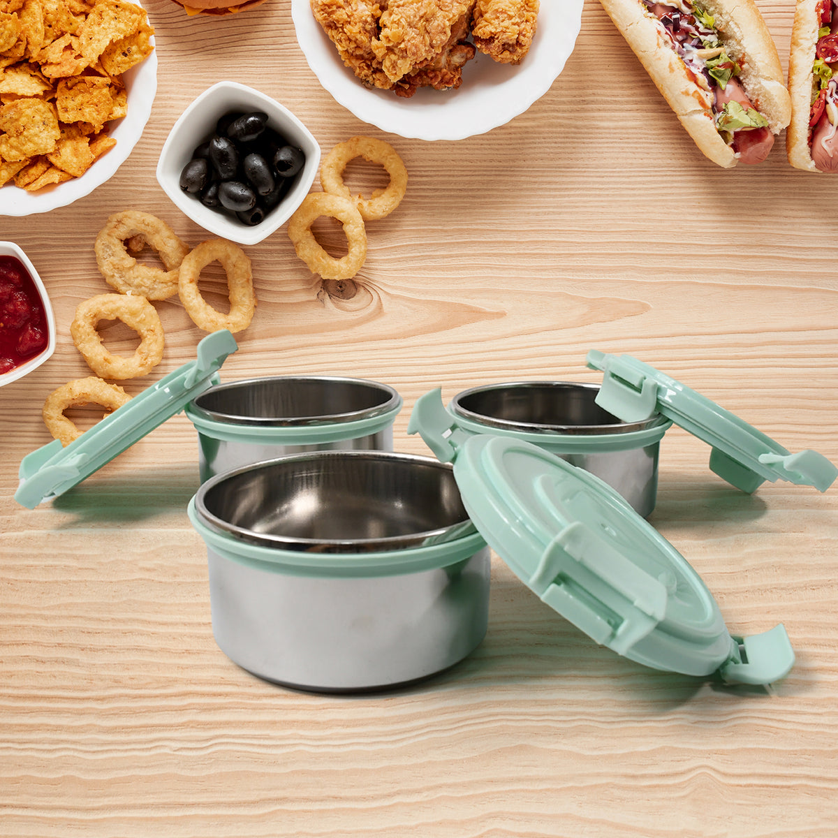 8717 4in1tiffin Box-lunch Box  3 Stainless Steel Containers 300 Ml Approx  Plastic Salad Container 200 Ml Approx Plastic Lid Box  Round Zip Bag  Leak Proof  Microwave Safefor Office College And School For Men Women