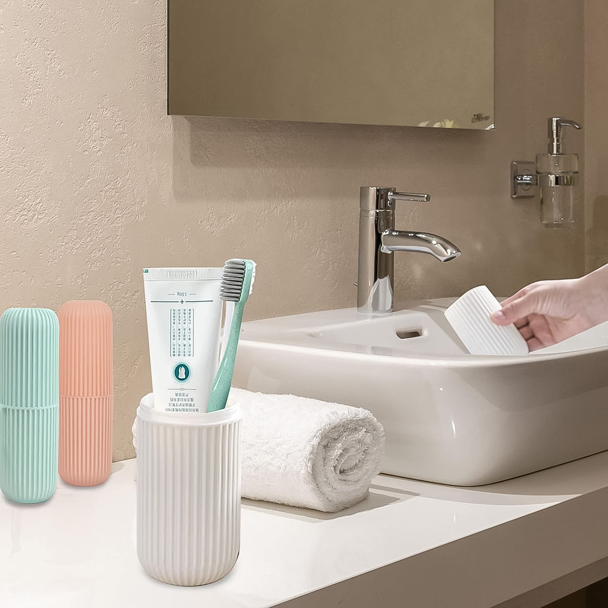 Capsule Shape Travel Toothbrush Toothpaste Case Holder (Multicolor  3 Pcs Set)
