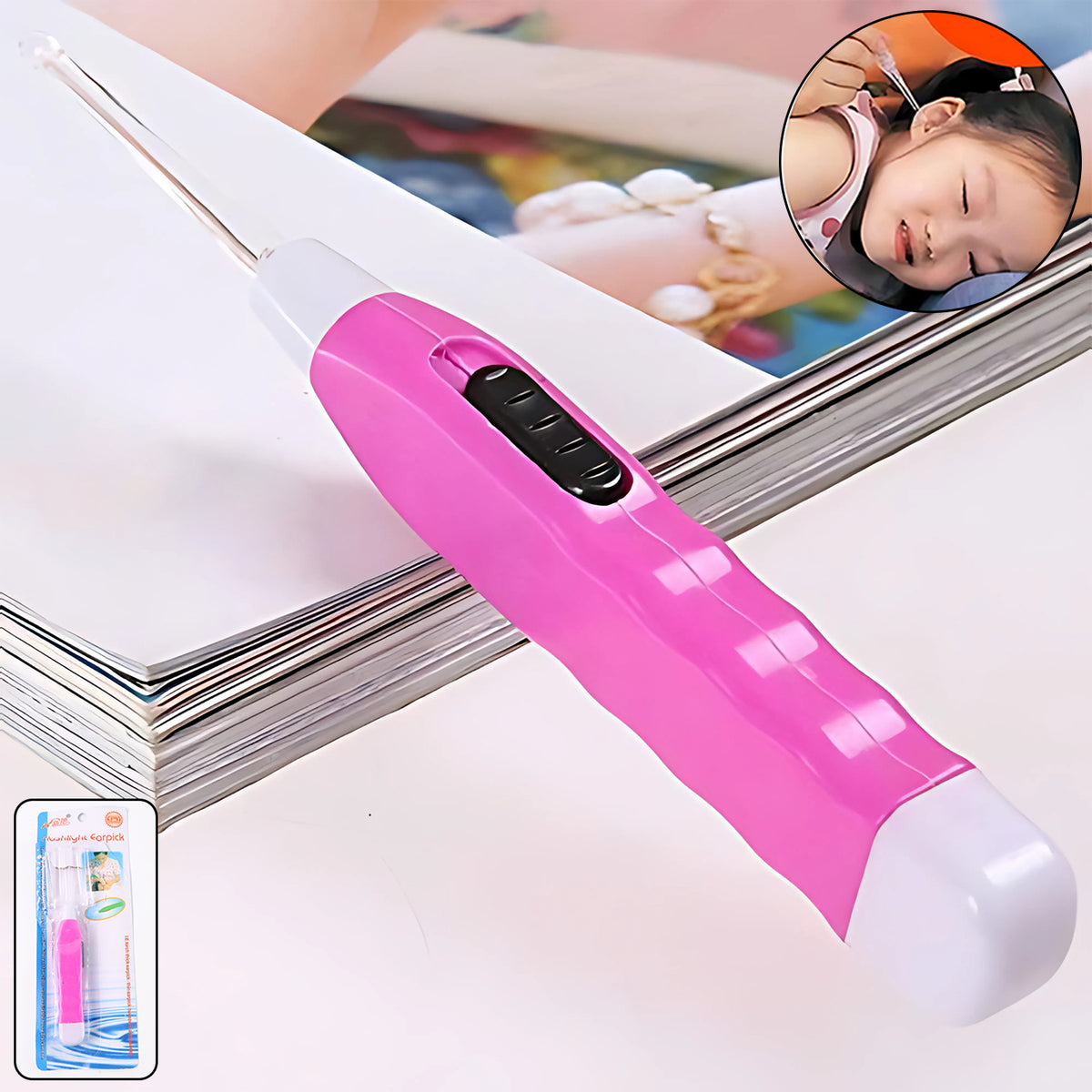 Pink Led Flashlight Earpick With Tweezer (1 Pc)