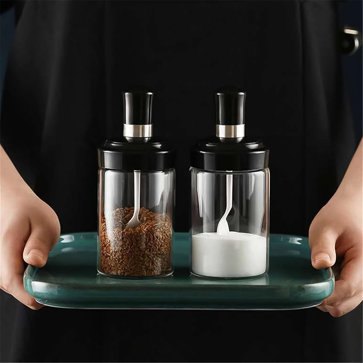 Clear Glass Spice Jar With Integrated Spoon  Airtight Lid (250ml Approx)
