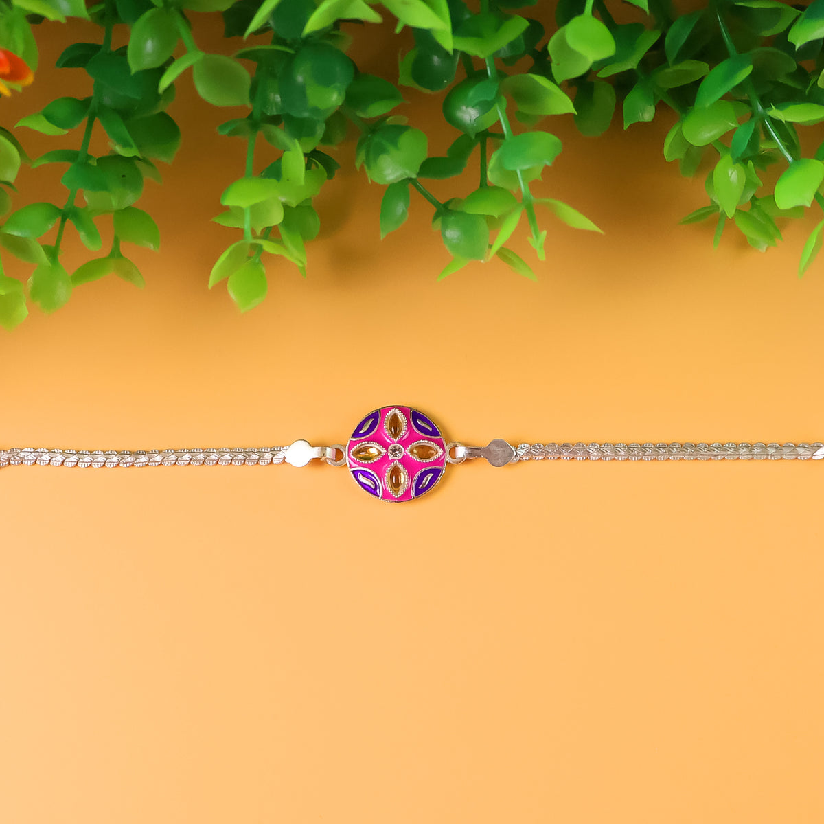 1 Pc Rakhi With Silver Finish Chain  Designer Bracelet Rakhi
