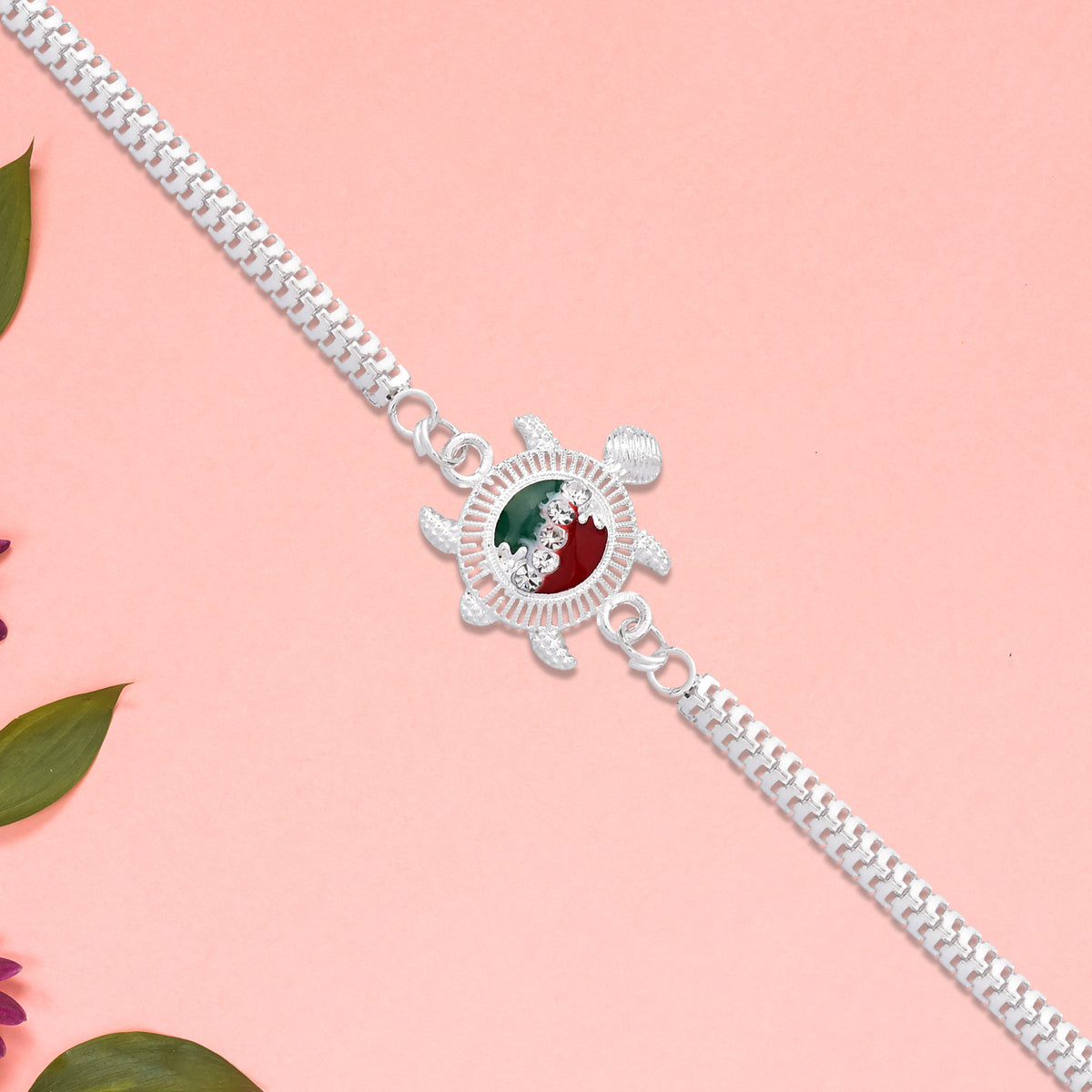 Silver Finish  Rakhi With Red-green Enamel