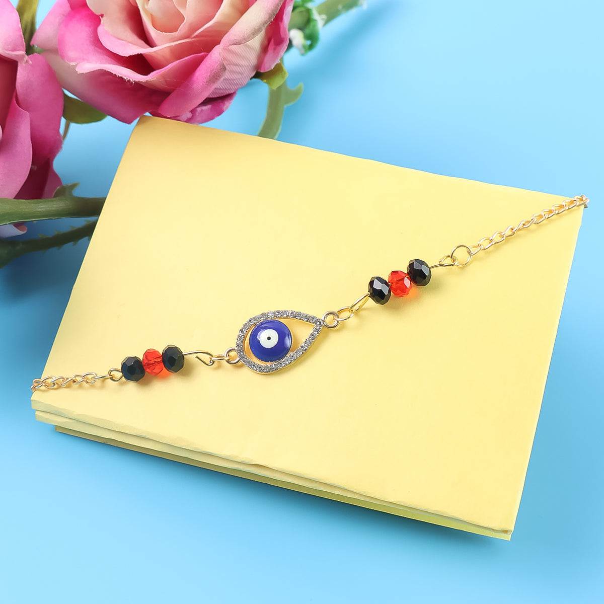 Royal Nazar Rakhi  Premium Evil Eye Protection Thread With Ornate Beads  Golden Chain