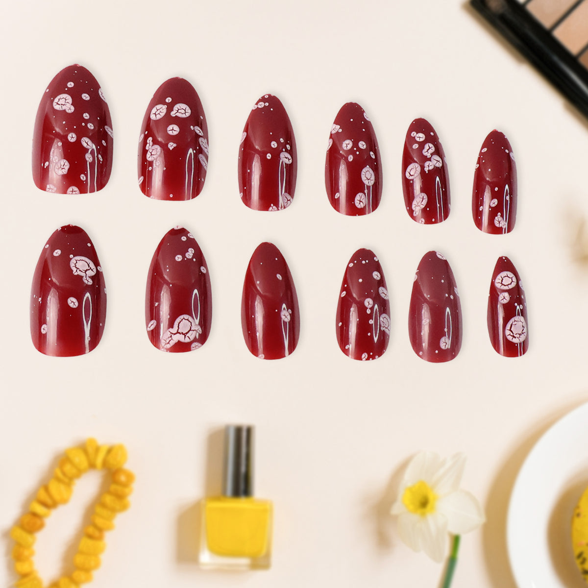 Premium Burgundy Artificial Nai - (Mix Design  1 Set)